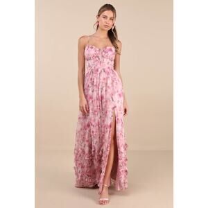 NWT Lulus Novella Pink Floral Ruffled Bustier Lace-Up Maxi Dress Gala Size S